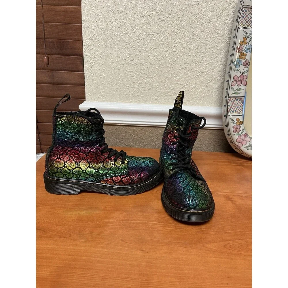 Dr. Martens Pascal J Boots Size 3 –Metallic Croc Black Suede Rainbow Combat Boot